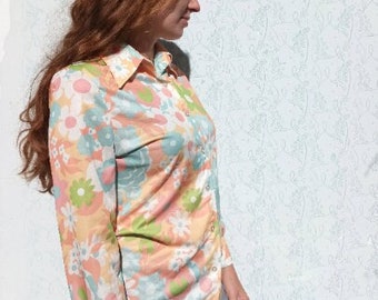 60s Hippie Floral Shirt, Pastel Psychedelic Shirt with Large Collar