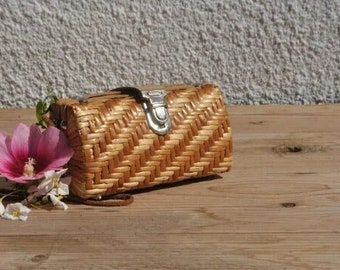 Vintage 80s Small Woven Wicker Bag with Beaded Leather Strap - Mini Shoulder Purse