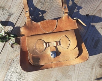 70s Beige Double Strap Leather Bag - Handmade Shoulder Bag