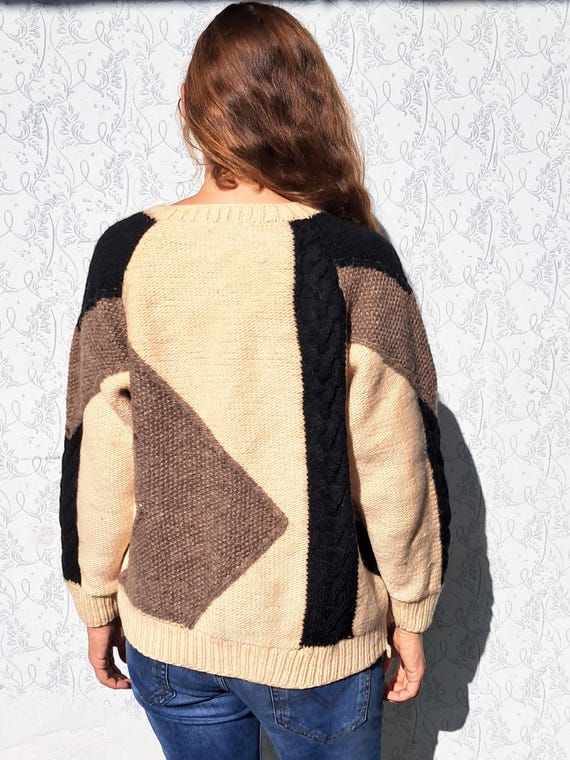 Wool Sweater Geometric Sweater Patchwork Handknit… - image 6