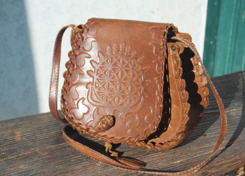 vintage 70s toolead leather bag for women tooled crossbody purse Hippie festival bag