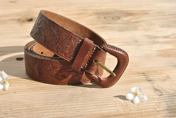 Tooled leather belt, vintage leather belt with lea