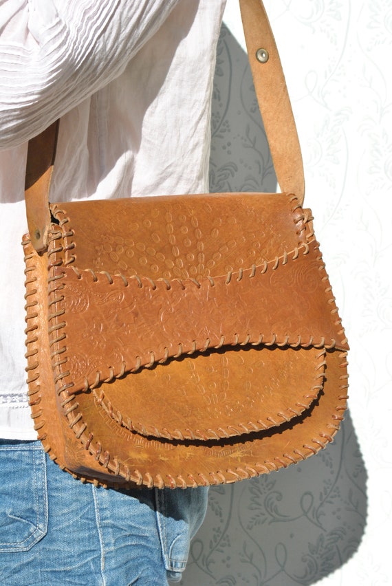 Brown leather bag, tooled bag, tooled leather bag,