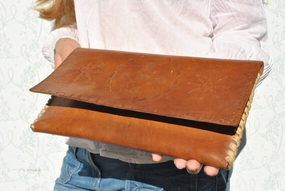 Tooled leather clutch vintage large zippered purse