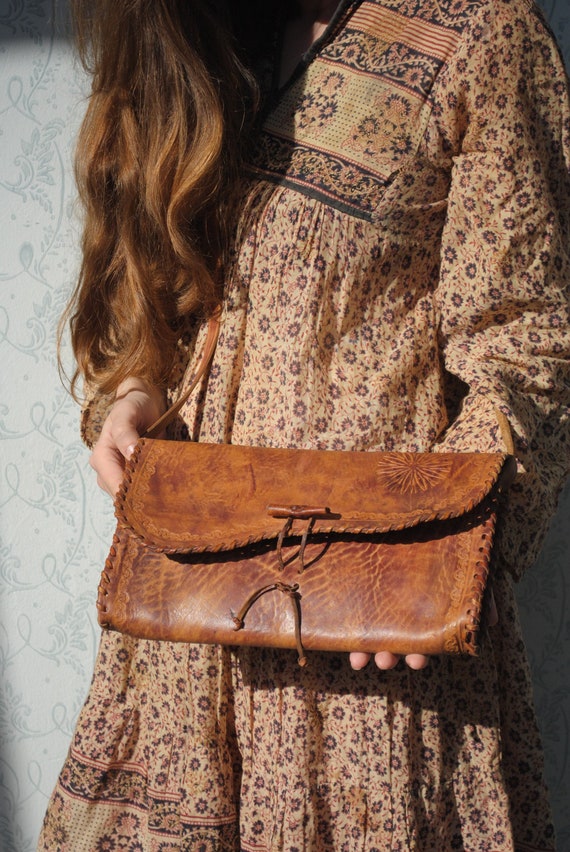 Tooled bag, tooled leather purse, vintage boho bag