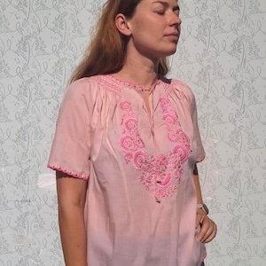 70s Boho Peasant Blouse with Floral Hand Embroidery