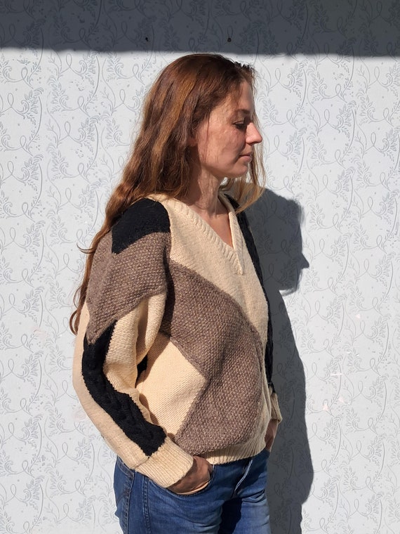 Wool Sweater Geometric Sweater Patchwork Handknit… - image 1