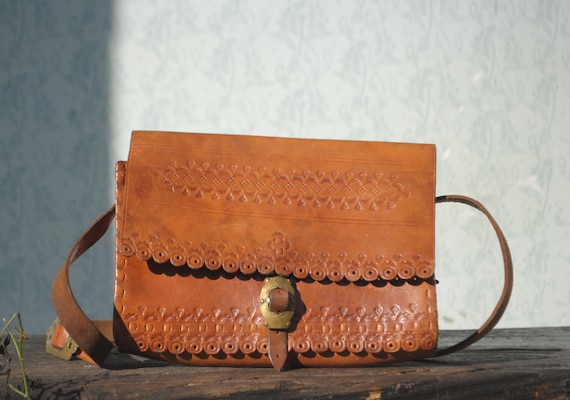 Tooled bag, boho tooled leather shoulder bag, tool