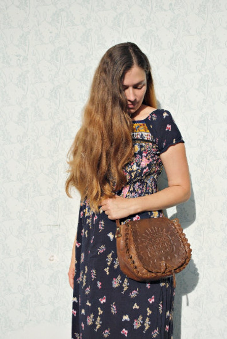 vintage 70s toolead leather bag for women tooled crossbody purse Hippie festival bag