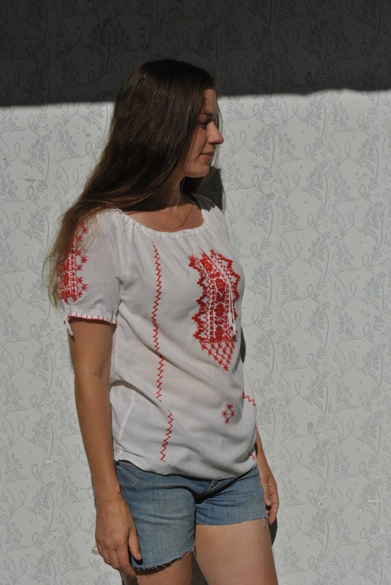 Embroidered boho peasant blouse, red embroidered t