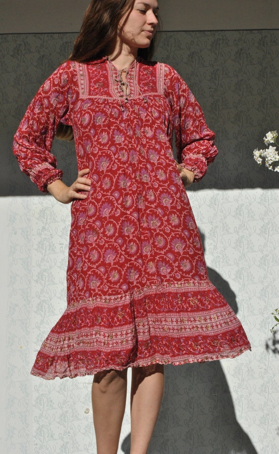 Vintage Indian dress, boho dress for women, red pu