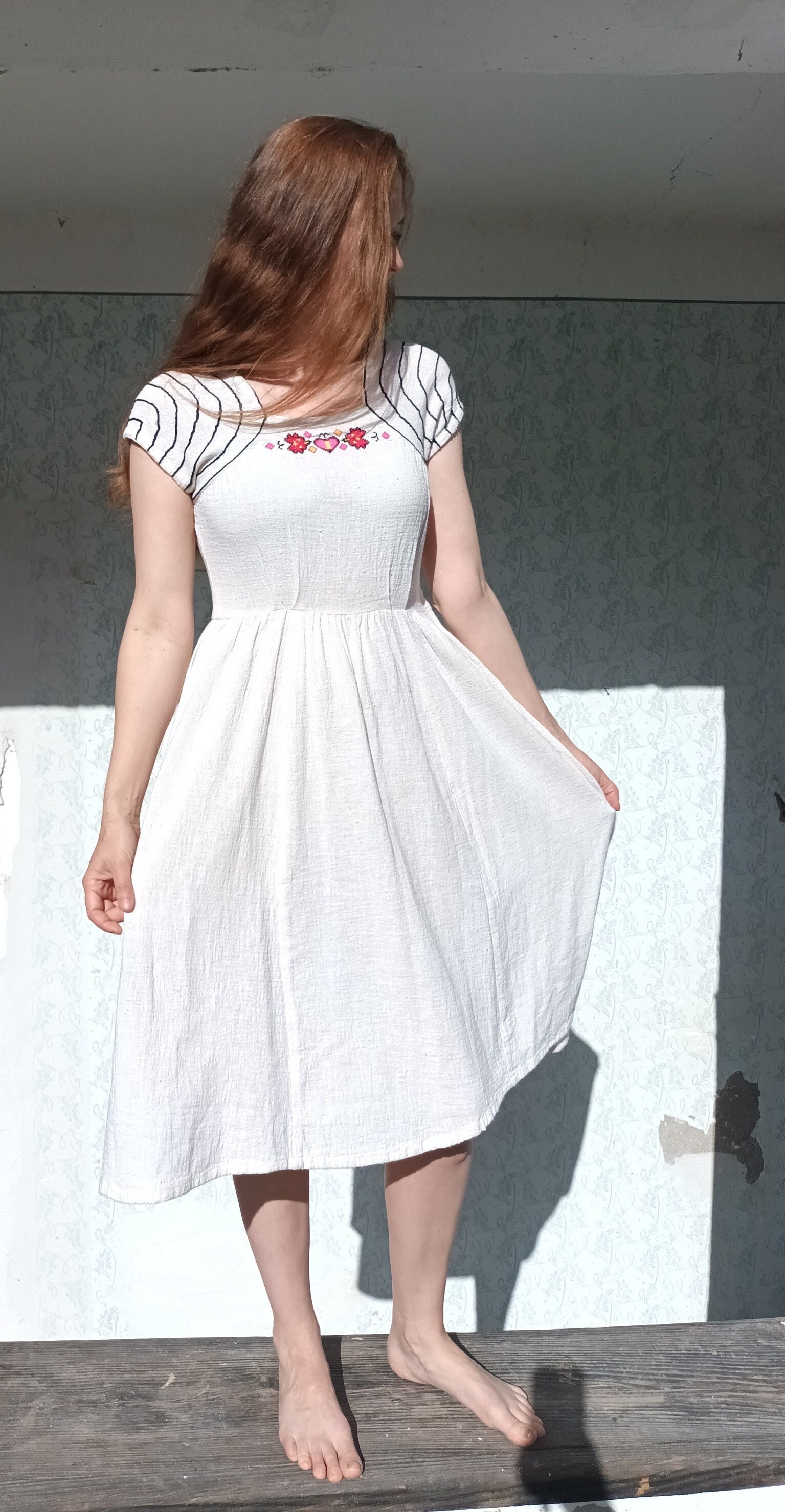 Embroidered Gauze Dress Casual Summer Cottagecore Dress Etsy Canada