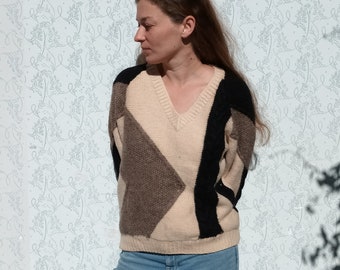 Patchwork Wool Knit Sweater, Geometrical Unisex Warm Wool Sweater