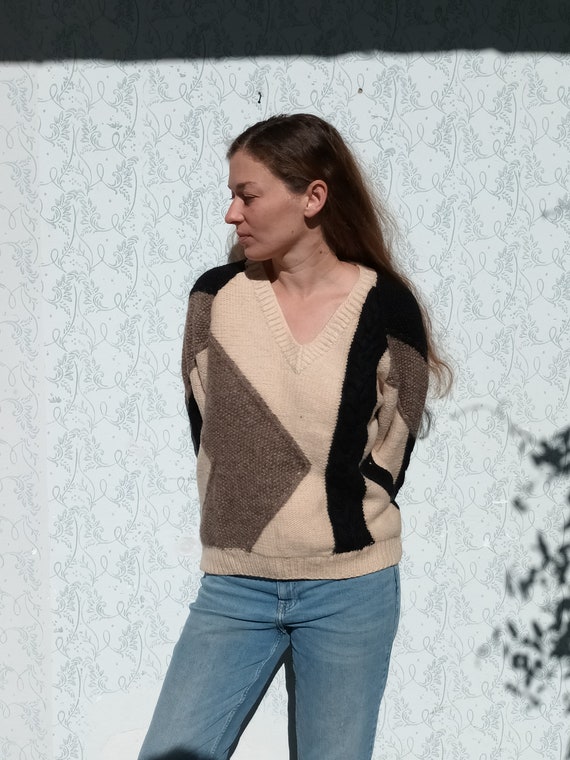 Wool Sweater Geometric Sweater Patchwork Handknit… - image 4