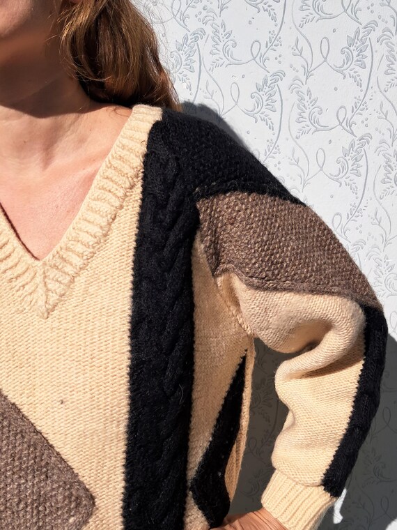 Wool Sweater Geometric Sweater Patchwork Handknit… - image 2