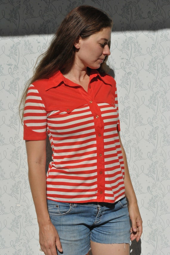 Vintage striped t shirt, large collar t shirt, t s