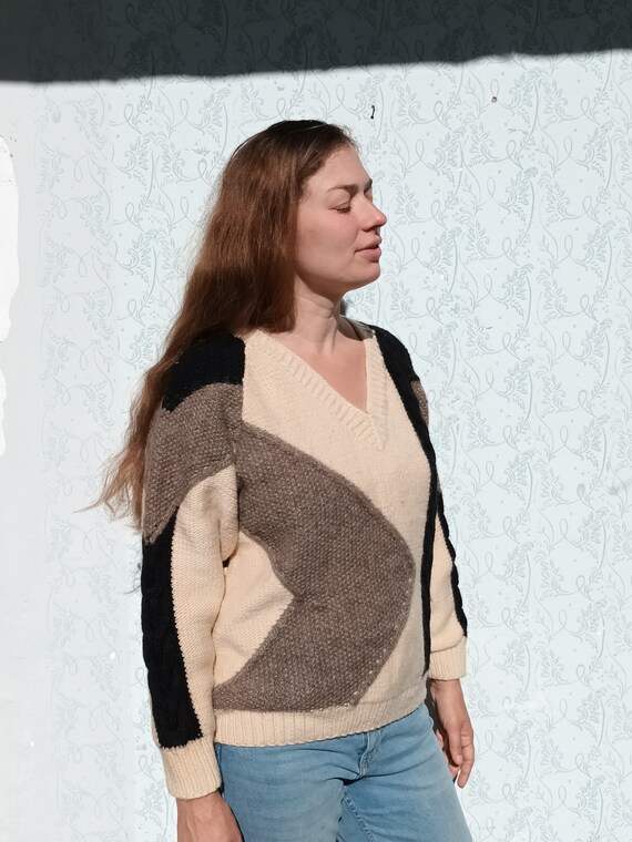 Wool Sweater Geometric Sweater Patchwork Handknit… - image 7