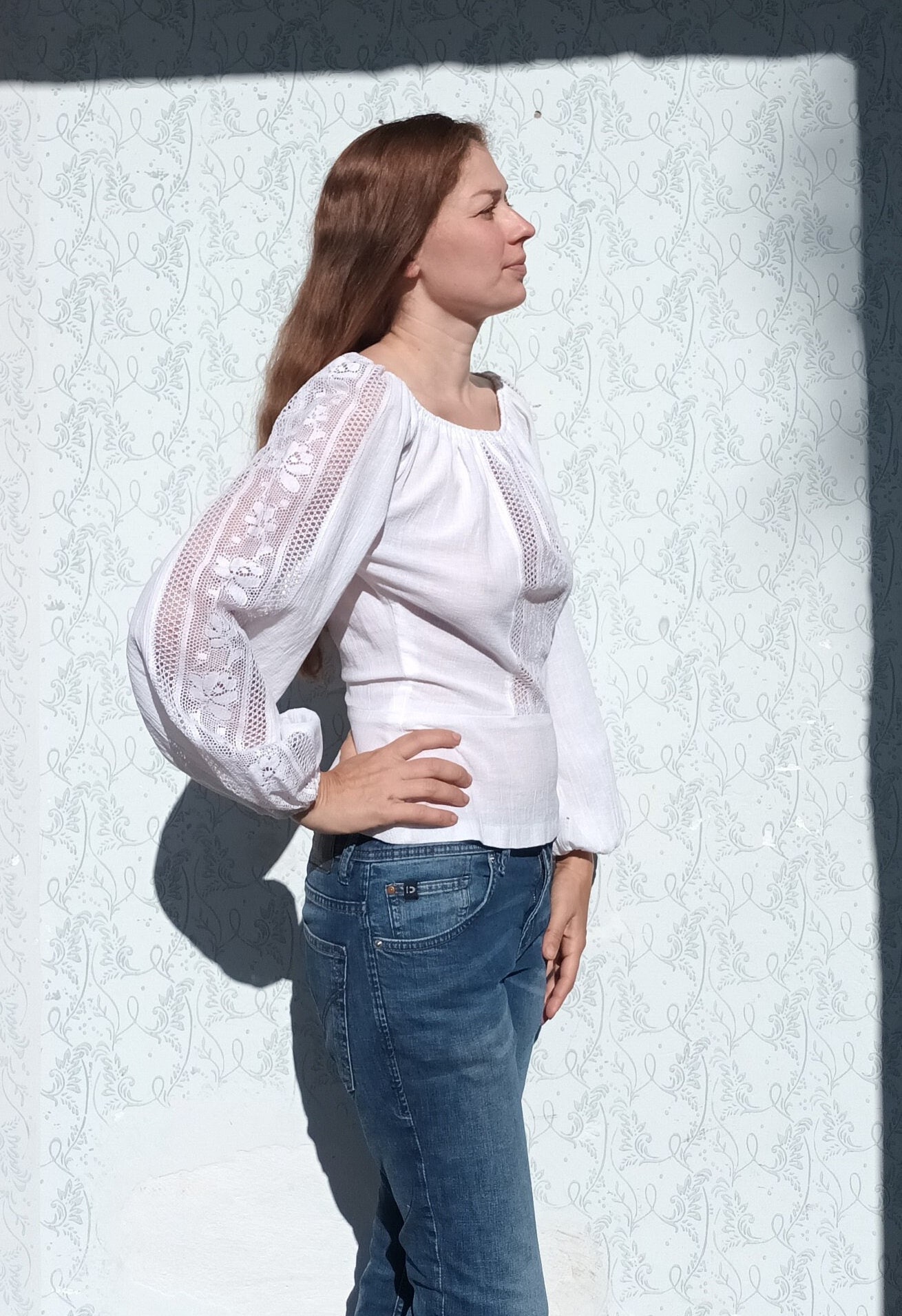White Lace Blouse Vintage Gauze Lace Blouse Long Sleeve Elegant White Blouse with Lace Details Peasant Blouse