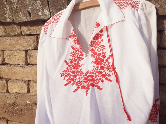 Hungarian blouse, embroidered long sleeves smocked
