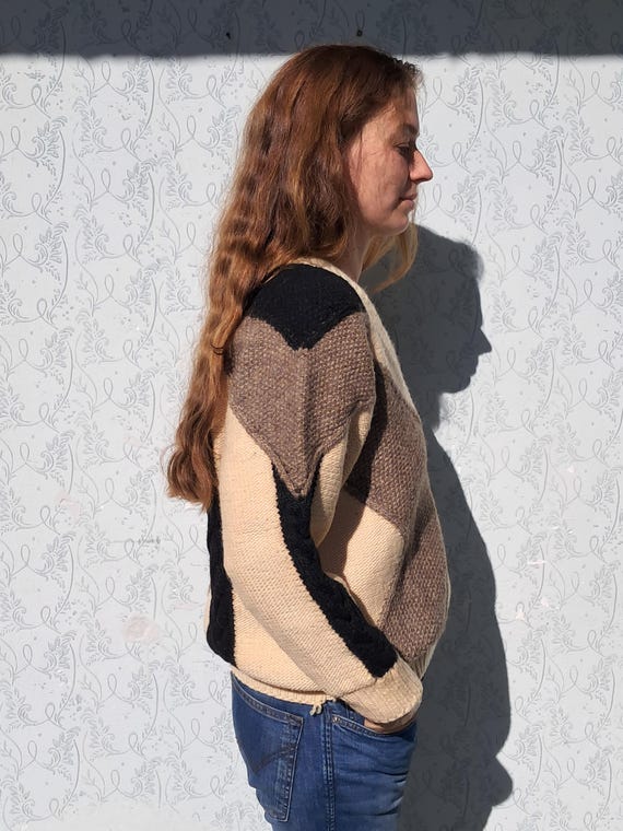 Wool Sweater Geometric Sweater Patchwork Handknit… - image 5