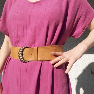 Waist Belt Wide Belt Vintage 1970s Belt Womens Leather Belt Large Brass Buckle Boho Belt