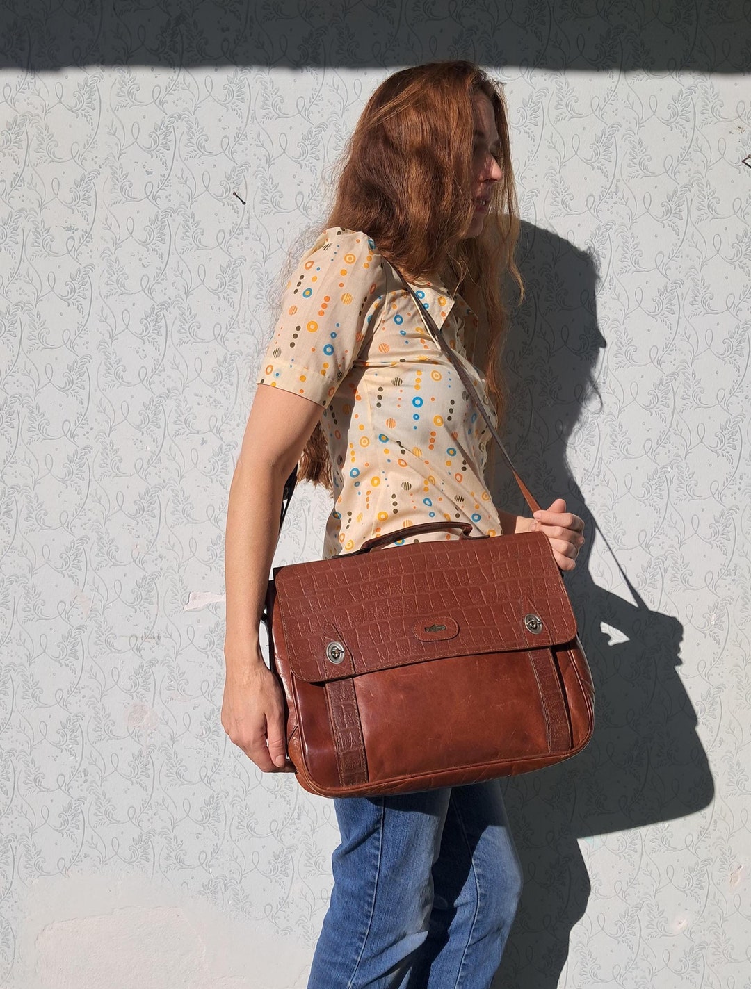 Vintage Leather Tote Bag Vintage Briefcase 90s Bag Large Leather Bag El ...