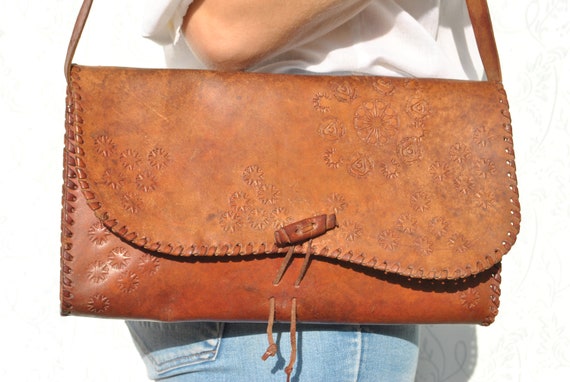 Leather shoulder bag, tooled bag, tooled leather b