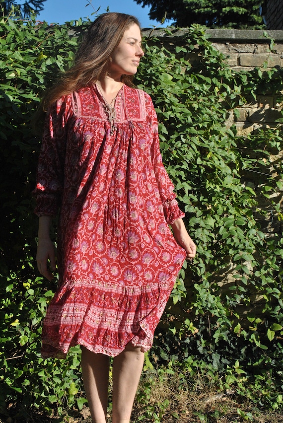 Vintage Indian dress, boho dress for women, red pu