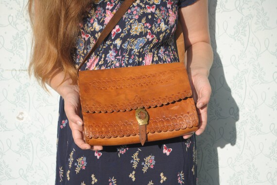 Tooled leather shoulder bag, 70s leather purse