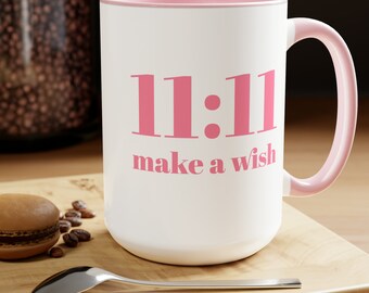 Gift for Her 11:11 Make a Wish Coffee Mugs 15oz - Angel Number Coffee Mug - Pink and White Coffee Mug - Law of Attraction Gift