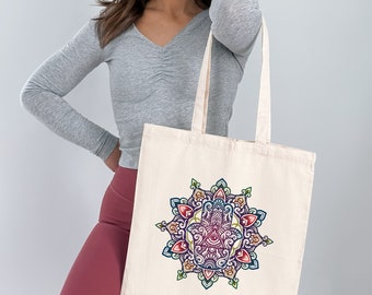 Tote Bag Canvas Hamsa Mandala Spiritual Gift Boho Style Canvas Hamsa Tote Gift Bag for Yoga Lover Gift for Spiritual Friend