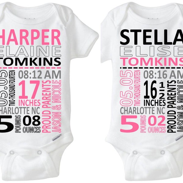 Identical Twins Fraternal Twins Girls Baby Gift:  Birth Stat Onesies Birth Announcement Nursery Art Photo Shoot Prop Preemie Size Available