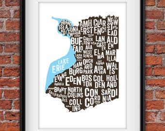 Erie County Map, New York, Art Print