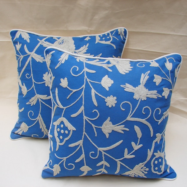 Crewel Cushion Covers, Hand Embroiderd by Wool on thick Cotton, Size 45 cm X 45cm Or 18" Sq. Jacobean Design Decorative Pillows per piece