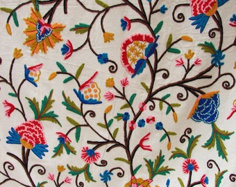 Hand-embroidered crewel fabric remnant 1.83 yards (66 inches long and 53 inches wide).