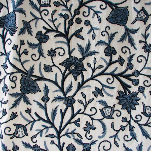 Blue Crewel Embroidery on Cotton. Made to Order Curtains According your Measurements Contact me for Quote. Fabric als available By the Yard.