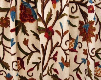 Crewel Embroidered Fabric Floral: By-The-Yard. We can craft curtains to your specifications. Please contact us for a quote.