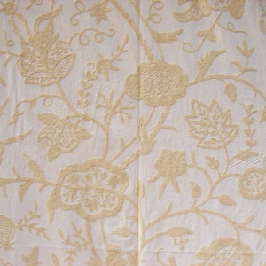 Hand Embroidered Crewel Fabric: Jacobean Floral, Cream Wool on White Cotton