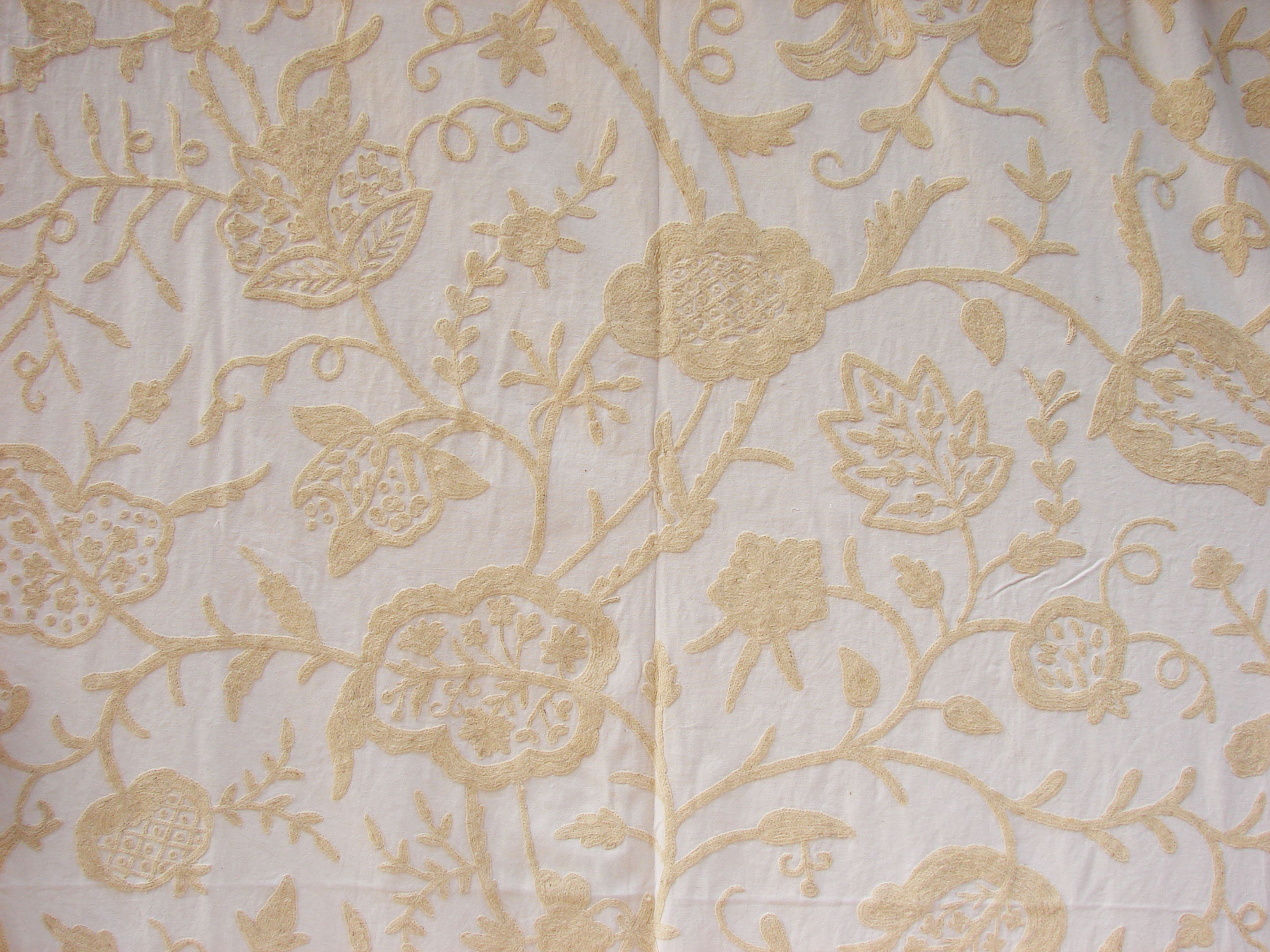 Hand Embroidered Crewel Fabric: Jacobean Floral, Cream Wool on White Cotton