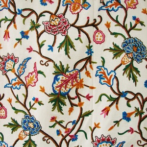 Crewel Embroidered Floral Cotton Fabric: By the Yard. We can craft curtains to your specifications. Please contact us for a quote.