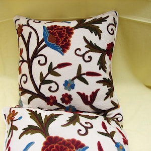 Crewel Cushion, hand-embroidered with wool on cotton fabric, 18X18 Inches