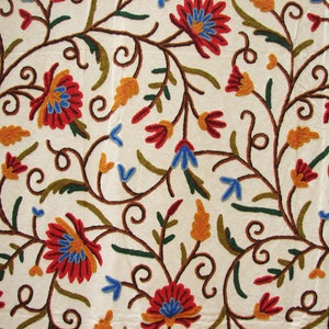 Floral Crewel Embroidered Fabric By The Yard: Hand-stitched Cotton