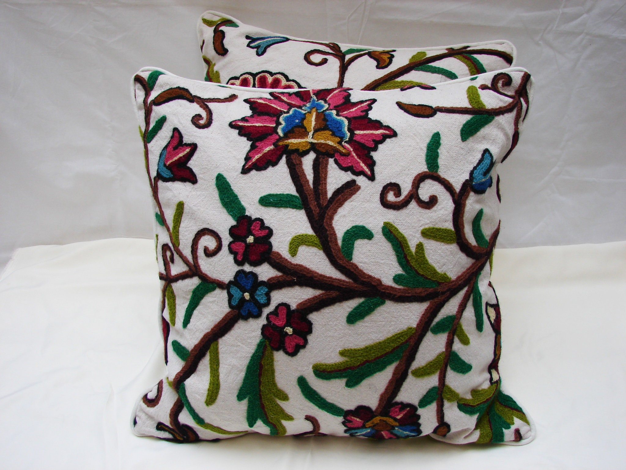 Crewel Cushion Covers Hand Embroiderd by Wool on thick Etsy