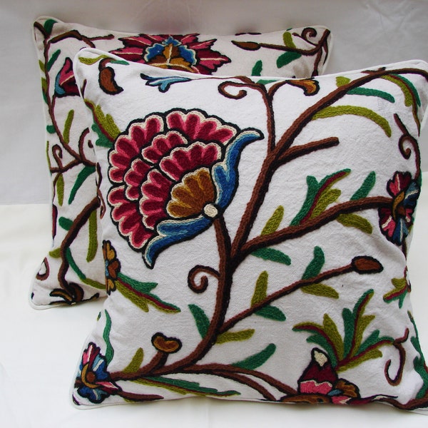 Crewel Cushion Covers, Hand Embroiderd by Wool on thick Cotton, Size 45 cm X 45cm Or 18" Sq. Jacobean Design Decorative Pillows per pc.