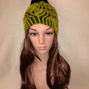 Brioche Stitch Women Hat, Hand Knitted Beanie, Two-Color Knitted Hat, Black And Green Reversible Brioche Women Hat