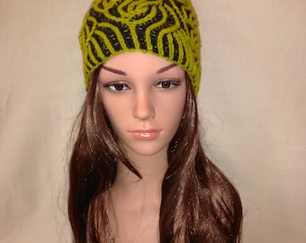 Brioche Stitch Women Hat, Hand Knitted Beanie, Two-Color Knitted Hat, Black And Green Reversible Brioche Women Hat