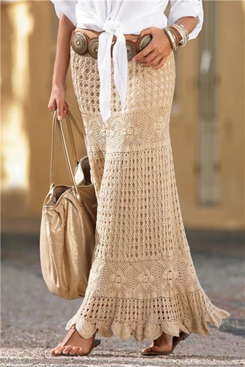 Women's Crochet Beige Maxi Skirt with Lining