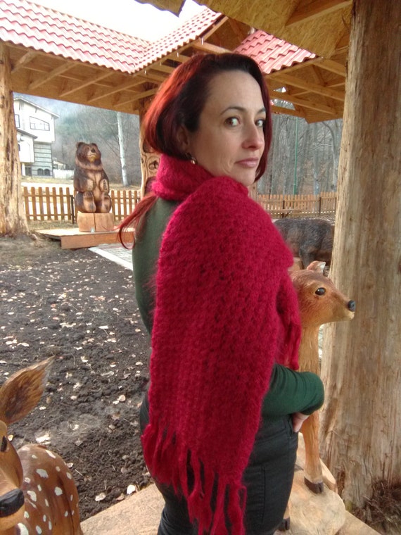 Écharpe Femme Moelleuse Aspect Mohair - Surdimensionnée Avec Pompons - Chaude Et Douce Pour L'hiver
