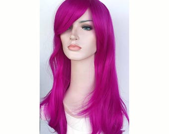 Long wavy fuchsia wig. Magenta wavy long hair for women. High quality synthetic hair. Holiday party wig. Free shipping in US. Ready to ship.