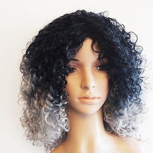 Black & Dark Silver Gray Afro Wig: Curly Synthetic Hair, Mid Length
